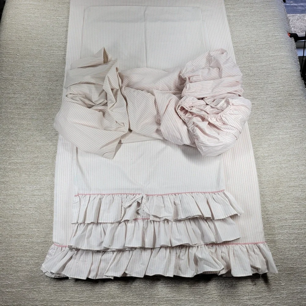 Laura Ashley Ticking Stripe King Sheet Set Pink Ruffle Bedding USA Made Vintage